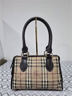 Authentic Burberry Leather Check Top Handle Shoulder Bag Brown/Beige